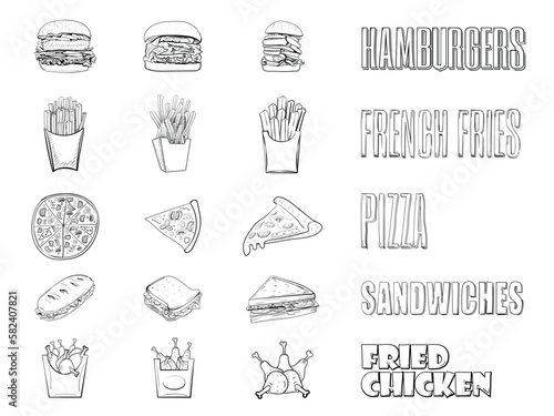 set of 15 vector images of fast food dishes drawn by a single hand.