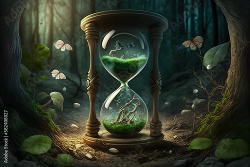 Hourglass in the forest, colored butterflies fly nearby. AI generation.