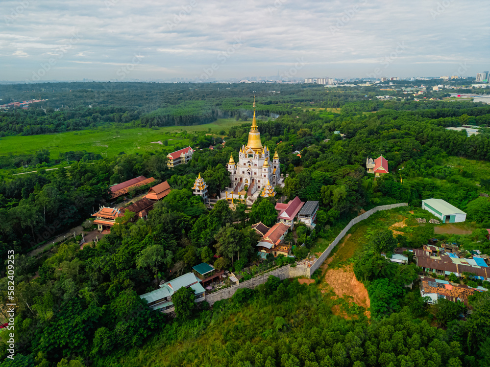 Aerial view of Buu Long Pagoda is one of the big pagoda in 9 district, Hochiminh city. It is famous located of tourist of in Vietnam. Buu Long Pagoda can be reached either by car or by boat.