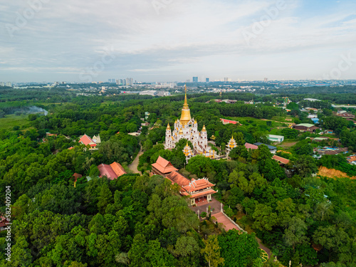 Aerial view of Buu Long Pagoda is one of the big pagoda in 9 district, Hochiminh city. It is famous located of tourist of in Vietnam. Buu Long Pagoda can be reached either by car or by boat.