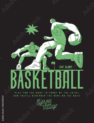 Basketball game action on the street court. Basketball characters silkscreen typography t-shirt print vector illustration.