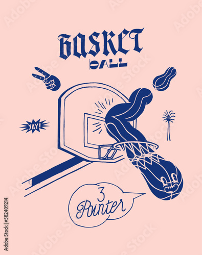Basketball character flying through the hoop after bouncing off the backboard. Basketball typography silkscreen t-shirt print vector illustration.