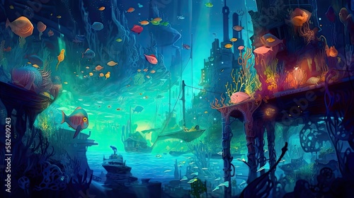 An underwater cityscape filled with bioluminescent creatures. Fantasy, panoramic shot, deep in the ocean, mysterious atmosphere. Digital Illustration with vibrant and glowing colors. Generative AI