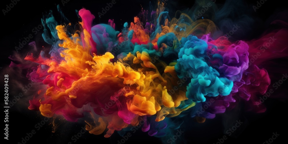 Colorful fluid smoke explosion on dark background. Generative ai