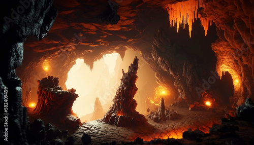 A Gem Underground Mine Cavern. stalactite Scenery in concept, Cave of Molten Lava. a deep cave. Generative Ai.