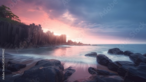 Panoramic view of beautiful rocky coast at sunset generative ai