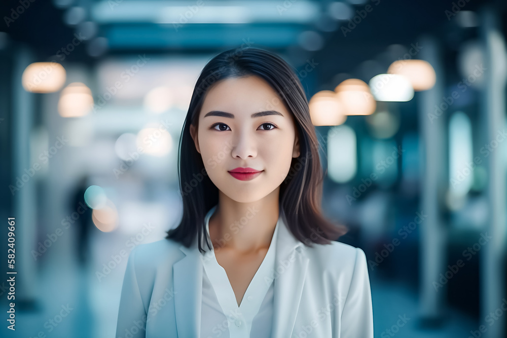 Smart working woman with a business suit is standing and posting in front of a blur office environment background created with generative AI technology Smart working woman with a business suit is standing and posting in front of a blur office environment background created with generative AI technology