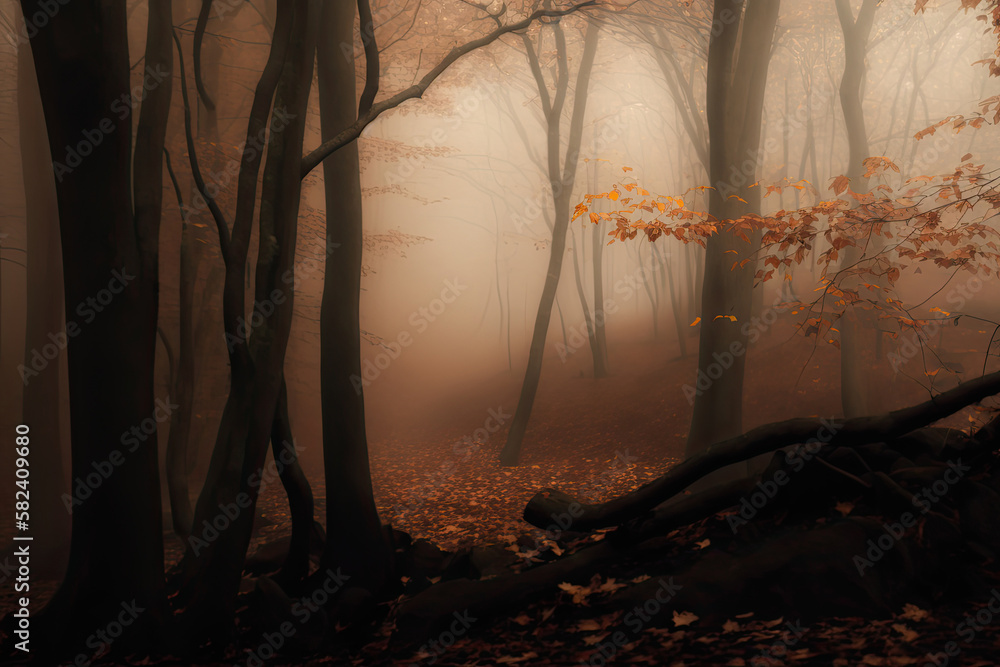 Obraz premium Dense fog in autumn forest with yellow leaves and green moss on tree bark AI generated