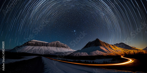 Stars trails, highland road. AI generated illustration