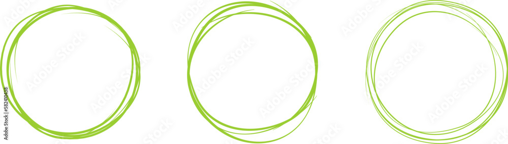 Green circle line hand drawn set. Highlight hand drawing circle isolated on background. Round handwritten circle. For marking text, note, mark icon, number, marker pen, pencil and text check, vector Green circle line hand drawn set. Highlight hand drawing circle isolated on background. Round handwritten circle. For marking text, note, mark icon, number, marker pen, pencil and text check, vector