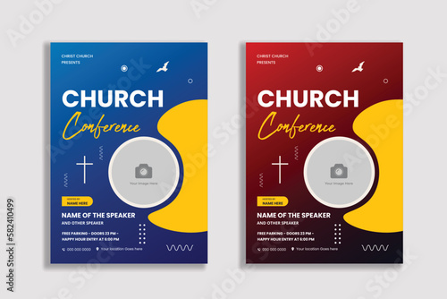 flyers for a church conference with a man and a cross on the left.