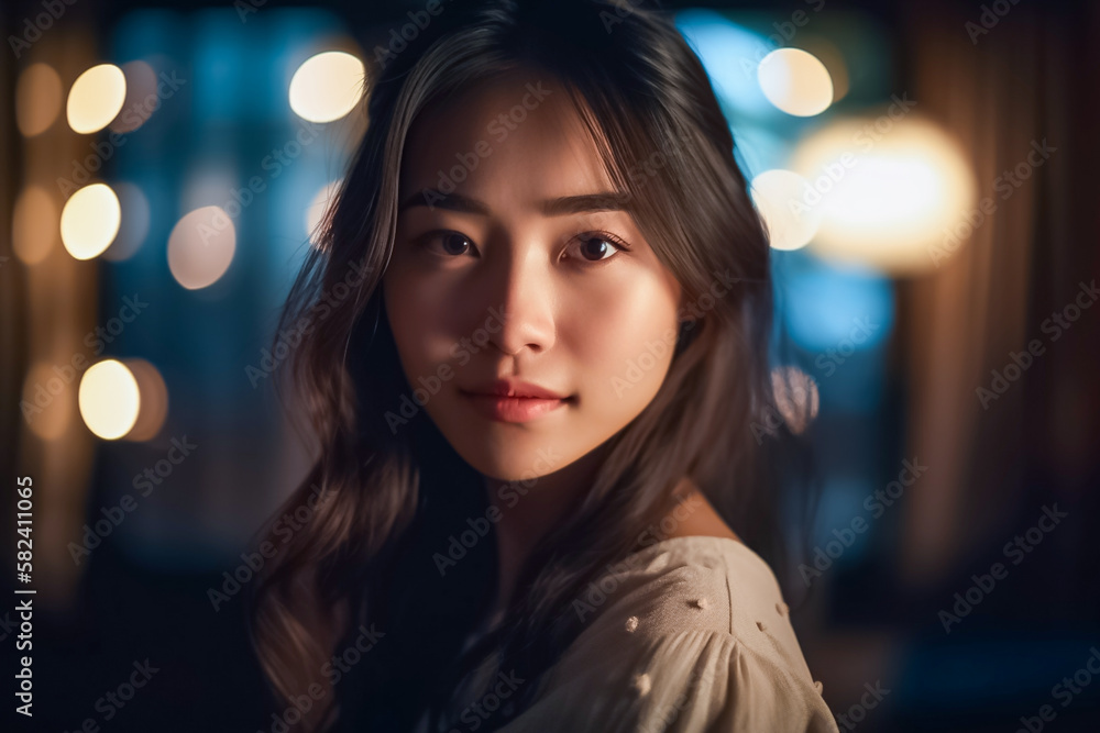 Beautiful Asian Girl, Face Shot in Low light environment with Bokeh Light Background. generative AI