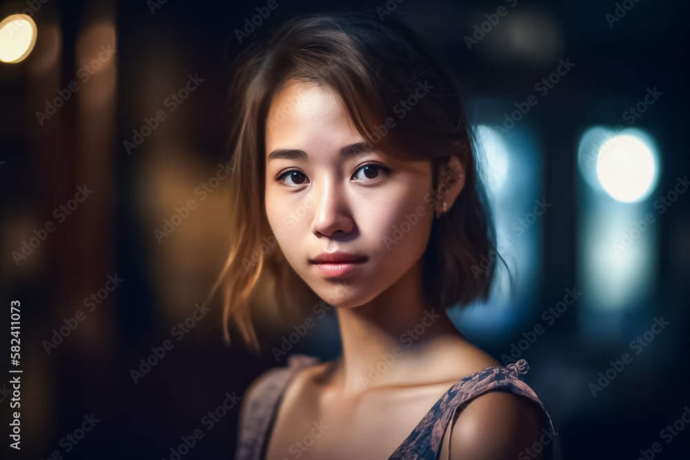 Beautiful Asian Girl, Face Shot in Low light environment with Bokeh Light Background. generative AI Beautiful Asian Girl, Face Shot in Low light environment with Bokeh Light Background. generative AI