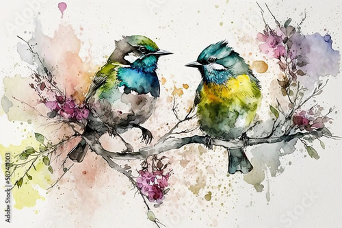 Watercolor art of two Blue Tit birds in the tree in spring (AI generated)