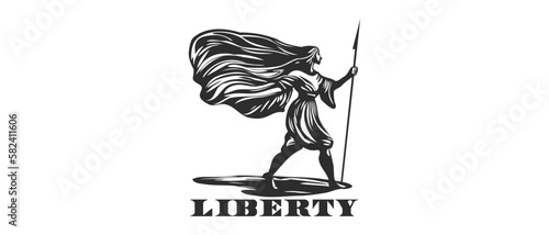 Vector monochrome wide striding woman with flowing hair and with a spear. Lettering, liberty. Logo, sticker or emblem. White isolated background.