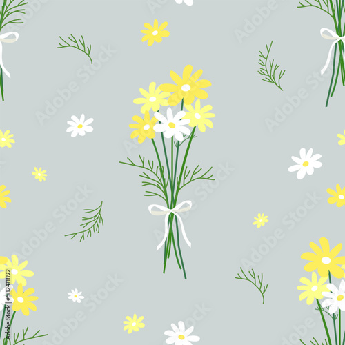 A bouquet of daisies with a ribbon on a gray background. Seamless vector pattern.