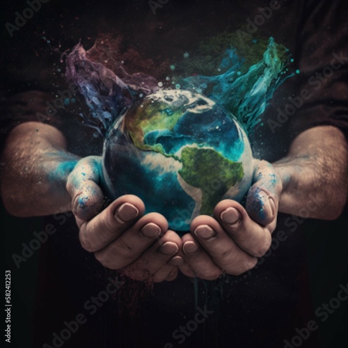 hand art according to planet earth for environmental conservation created with artificial intelligence