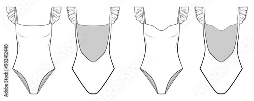 Set of swimsuit technical fashion illustrations with 2 front design variations. Flat bodysuit template front view, back view, white color style. Women, underwear CAD mockup.