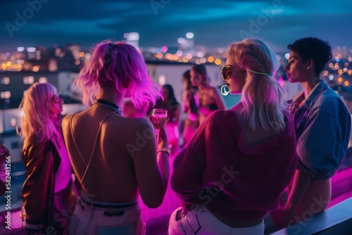 Glamorous Cyberpunk Nightlife: Girls in Y2K Fashion Party on Rooftop. Generative AI.