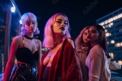 Glamorous Cyberpunk Nightlife  Girls in Y2K Fashion Party on Rooftop. Generative AI.