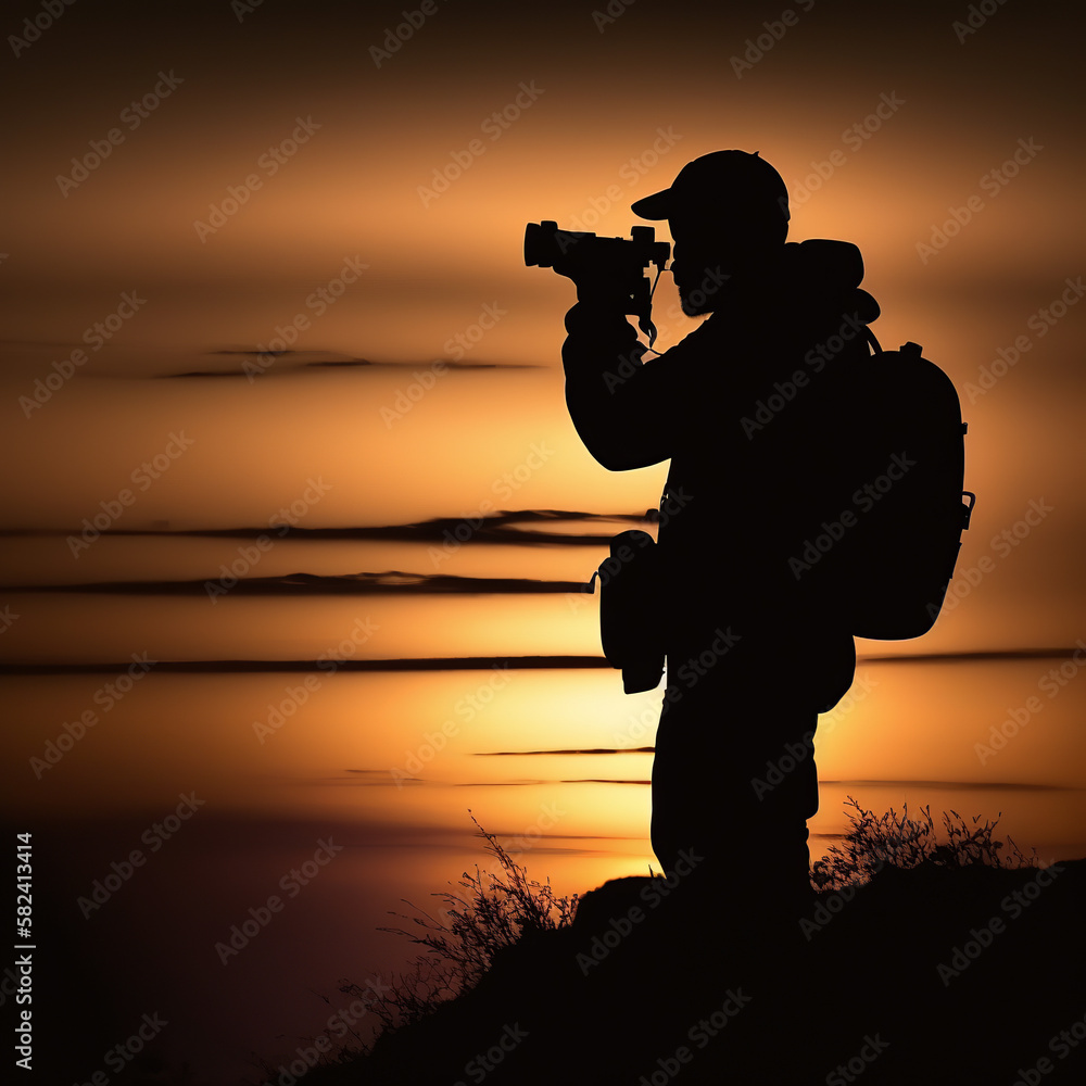 silhouette, photographer, photo, shoot, illustration, sunset, woman, sky, sunrise, sun, people, person, hat, black, orange, shadow, nature, soldier, beach, generative, ai