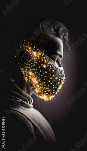 Corona virus concept, visualized with a person wearing a mouth protection mask. AI Generated