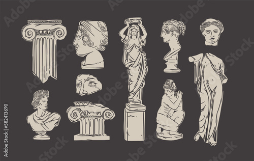 Hand drawn vector abstract outline,graphic,line greek ancient sculpture statue line art modern drawing set.Antique classic statues in trendy bohemian style,outline design concept.Antique statue logo.