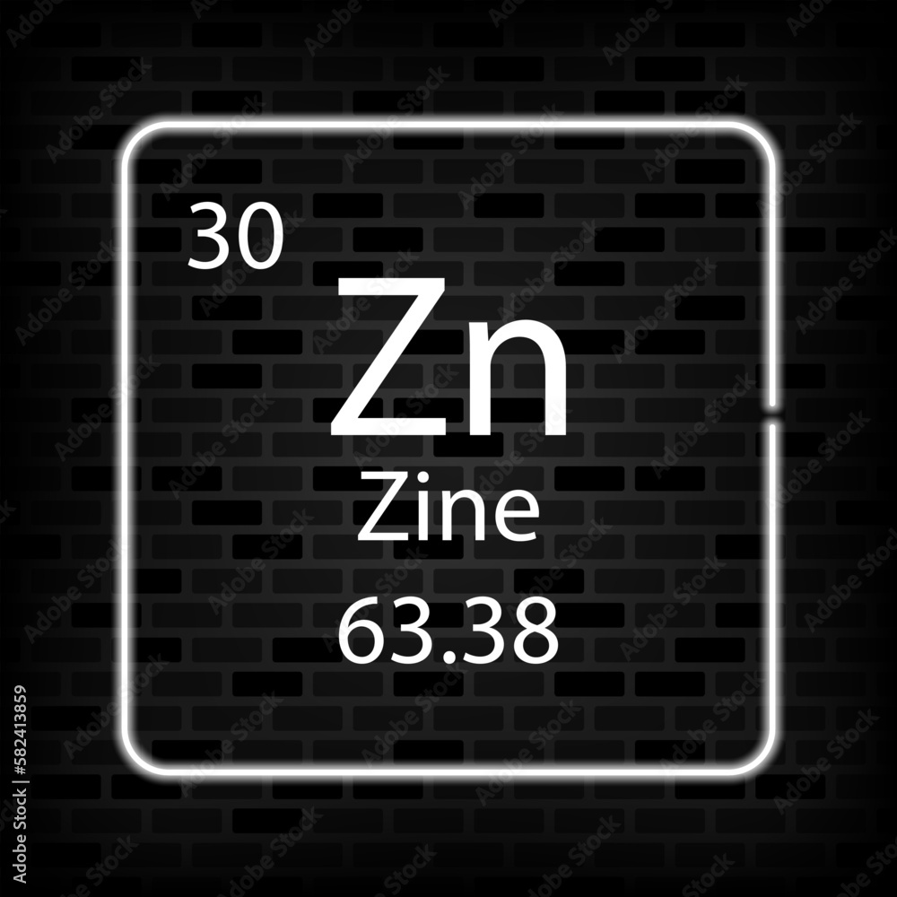 Zine neon symbol. Chemical element of the periodic table. Vector illustration. Zine neon symbol. Chemical element of the periodic table. Vector illustration.