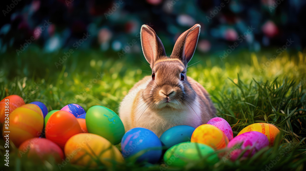 A realistic photograph of a Happy Easter Bunny sitting in a field of green grass, surrounded by colorful Easter eggs. Generative AI A realistic photograph of a Happy Easter Bunny sitting in a field of green grass, surrounded by colorful Easter eggs. Generative AI