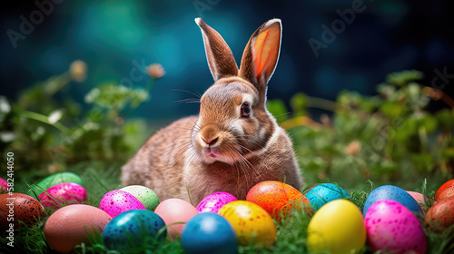 A realistic photograph of a Happy Easter Bunny sitting in a field of green grass, surrounded by colorful Easter eggs. Generative AI