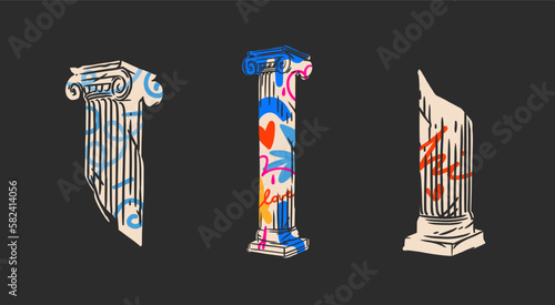 Hand drawn vector abstract outline,graphic,contemporary greek ancient sculpture statue column line modern drawing.Antique classic architecture statue in trendy graffity style,outline design concept,