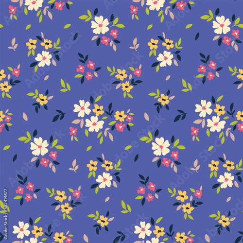 Seamless floral pattern, liberty ditsy print with small cute botany. Pretty botanical design with hand drawn meadow: tiny flowers, lots of leaves in bouquets on a blue background. Vector illustration