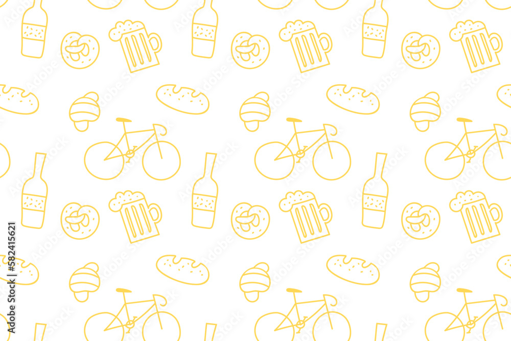Vector Seamless Pattern with Bakery Goods, Bicycle and Beer Illustrations in Doodle Style. Abstract Stuff Background Vector Seamless Pattern with Bakery Goods, Bicycle and Beer Illustrations in Doodle Style. Abstract Stuff Background