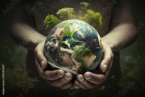 Earth day , Earth in human hands , save clean planet, ecology concept, light background, generative AI