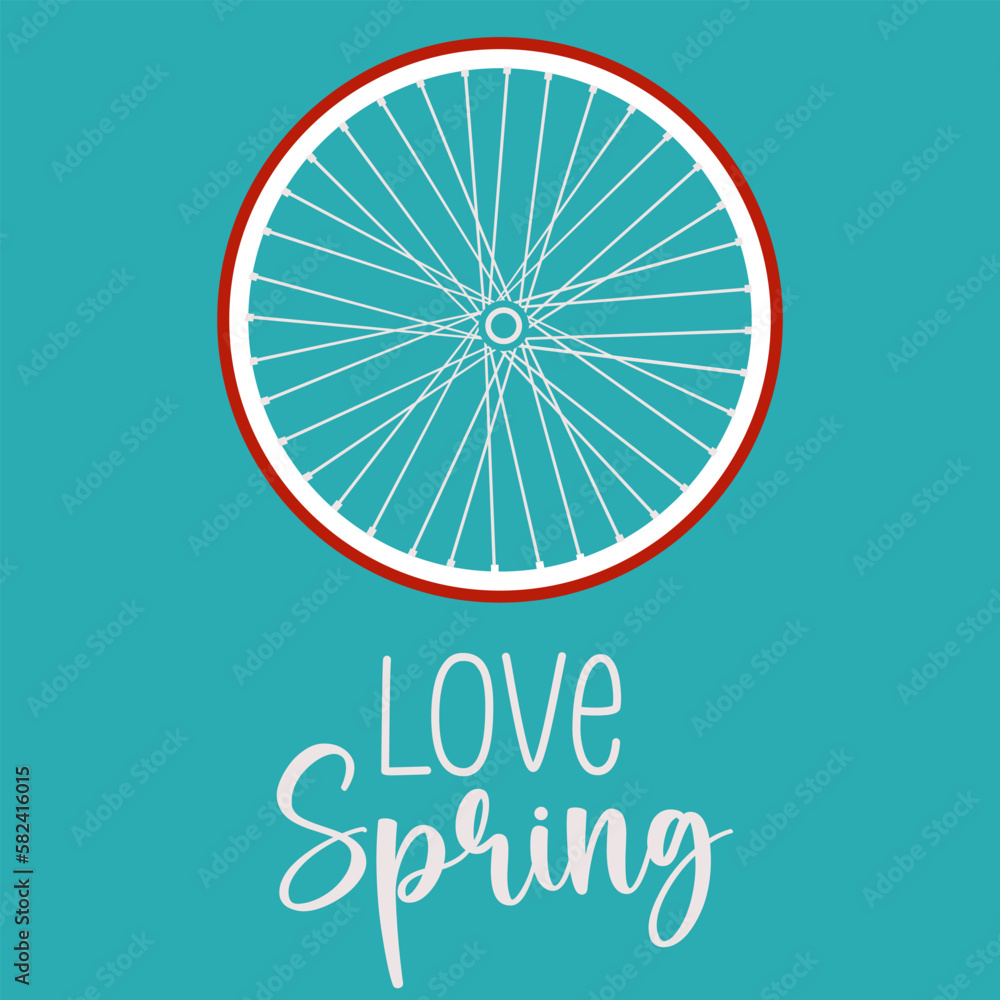 Obraz premium bike wheel vector illustration with white frame and red tire in light blue tiffany background with writing love spring
