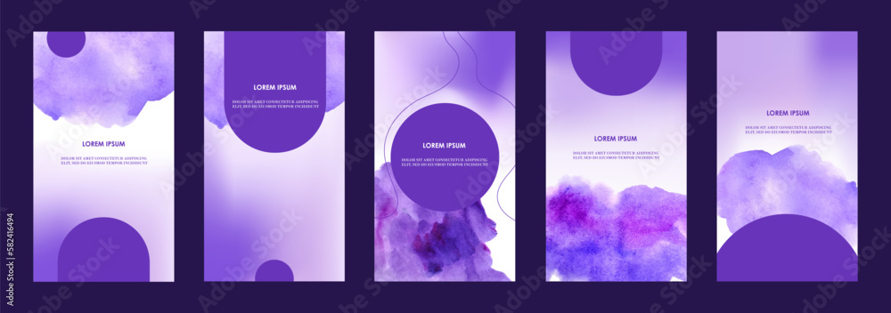 Social media templates. Watercolor gradient. Set of purple abstract banners.  A set of modern templates for stories, flyers, posters, cards, brochures. Vector illustration. 	
