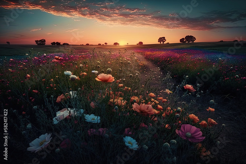 Wildflowers in sunset light. Blooming spring meadow. generative ai. Field of summer flowers