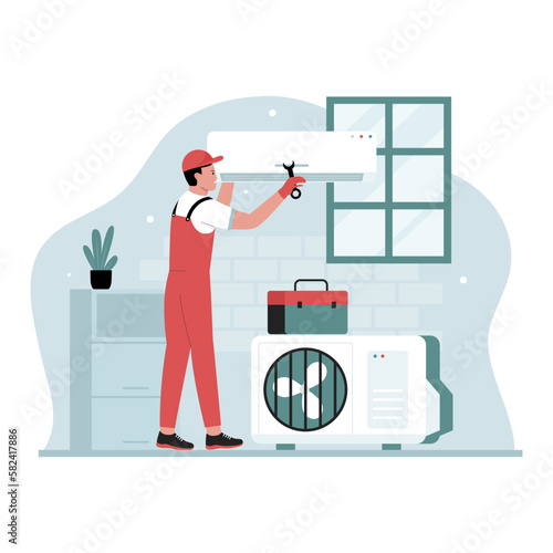 Air conditioner repair illustration concept. Illustration for website, landing page, mobile app, poster and banner. Trendy flat vector illustration