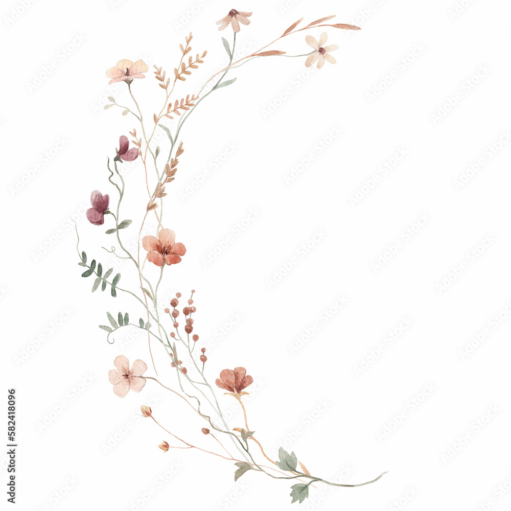 Beautiful floral frame with hand drawn watercolor wild herbs and flowers. Stock illustration. - obrazy, fototapety, plakaty 