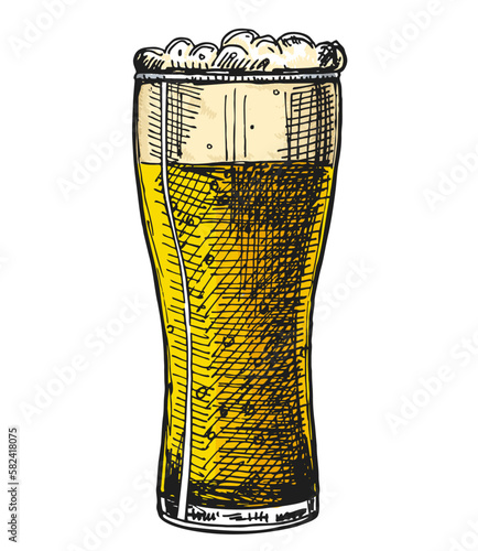 Colored sketch in vintage style of the glass of beer with foam and text Oktoberfest. Vector hand drawn color illustration of the fresh light beer on the white background.