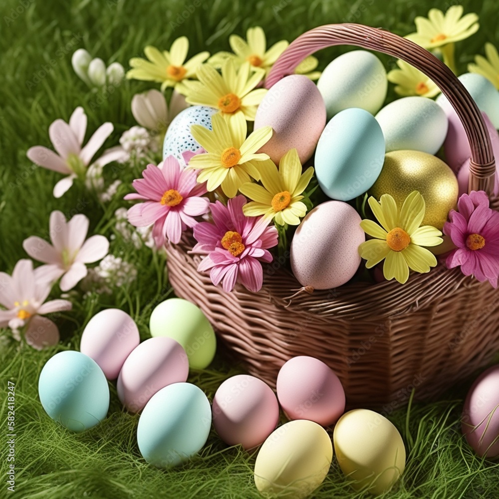 Bright and Colorful Easter Illustration, Easter Basket with Eggs, Generative AI