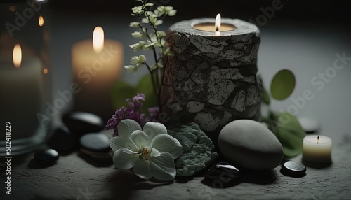 Spa essentials: Beautiful flowers and burning aromatic candles on a table