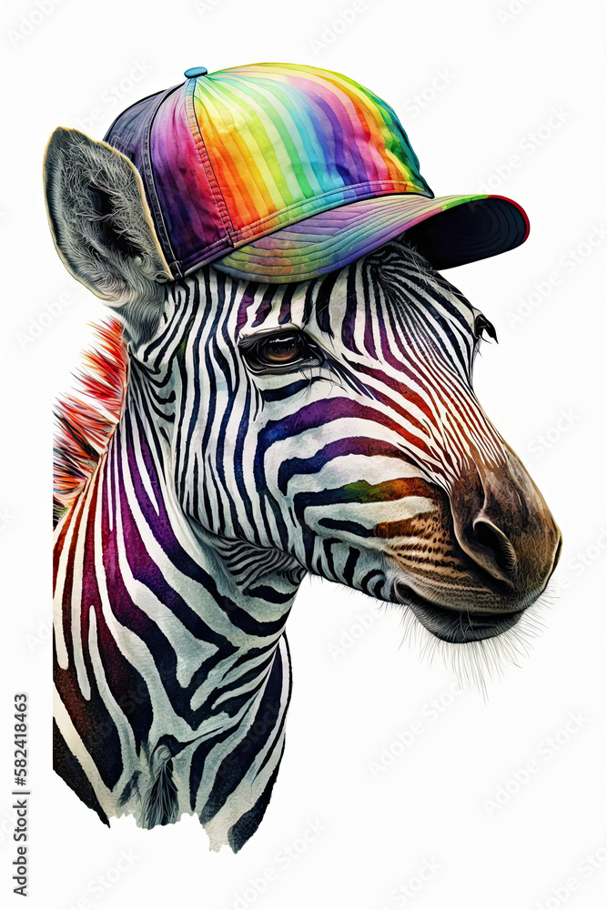 Zebra wearing Baseball cap, Psychedelic Illustration. Generative AI