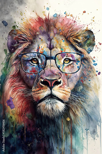 Lion wearing eyeglasses, Psychedelic Illustration. Generative AI