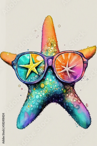 Starfish wearing sunglasses, Psychedelic Illustration. Generative AI