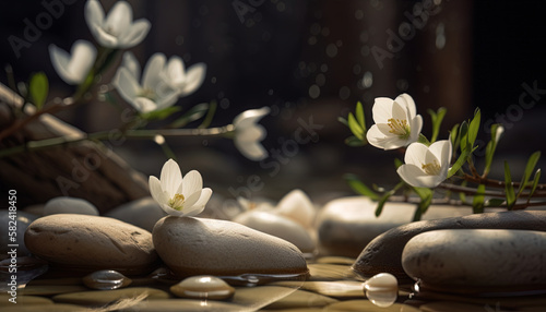 The Oasis of Serenity: A Tranquil Stone Spa with white beautiful flowers