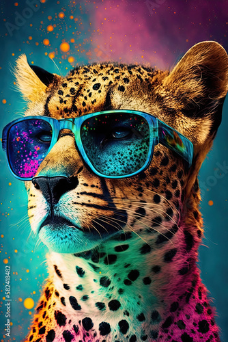 Cheetah wearing sunglasses, Psychedelic Illustration. Generative AI