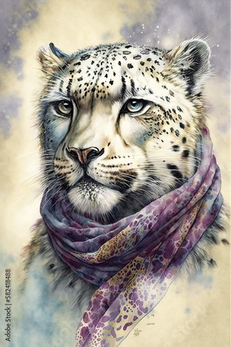 Snow Leopard wearing Bandana, Psychedelic Illustration. Generative AI