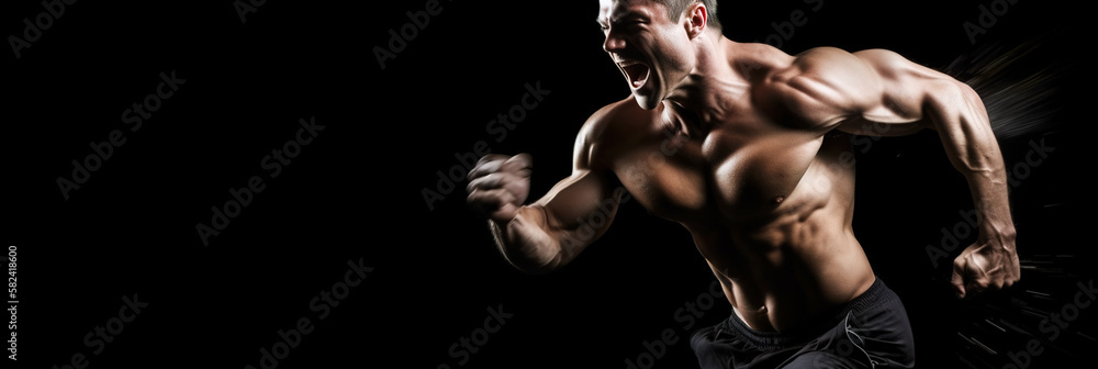 Portrait of a muscular man with tense muscles and screaming against a dark background, banner. Generative ai