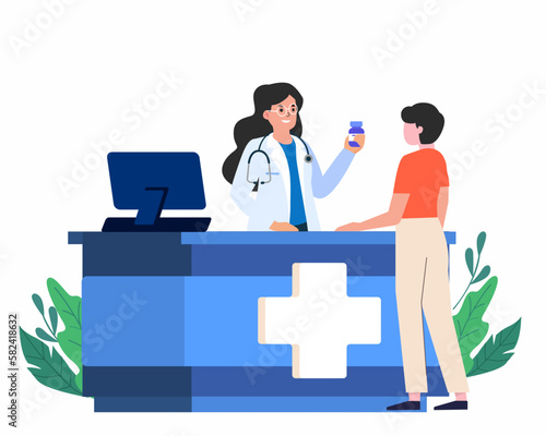 Customer Standing near Cashier Desk and purchase medicines, concept of Health care medical.